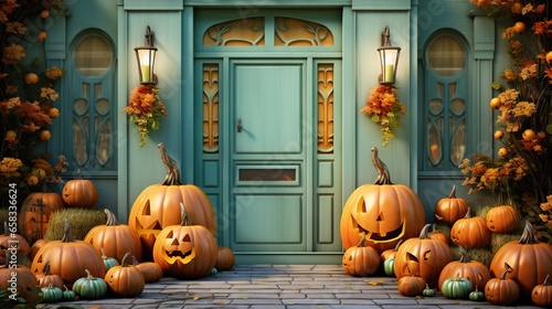  a bunch of pumpkins that are sitting in front of a door. generative ai