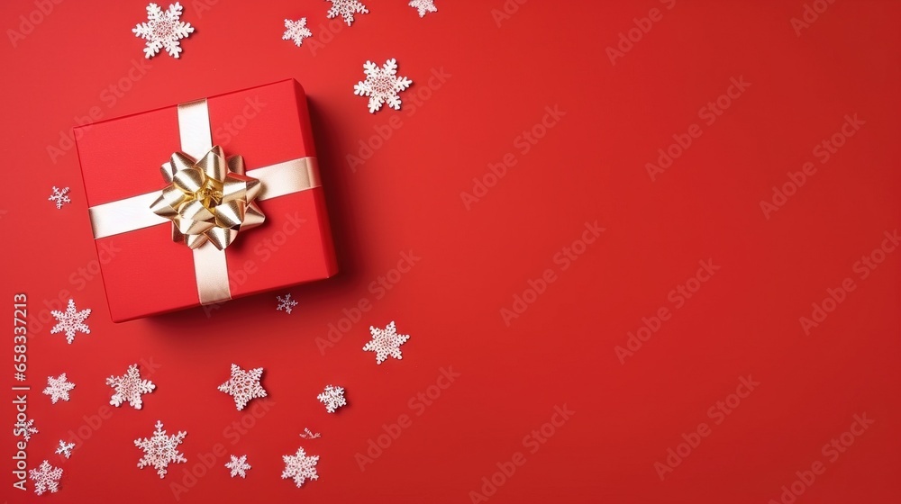 a red box with a gold bow and snowflakes. generative ai a red box with a gold bow and snowflakes. generative ai