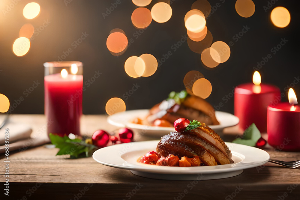 A plate of food on a table with candles | Christmas cake with candles A plate of food on a table with candles | Christmas cake with candles