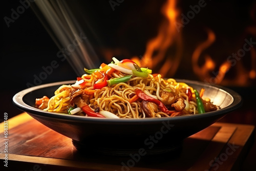 Stir-fried yakisoba noodles with vegetables and spices in the bowl. Asian cuisine