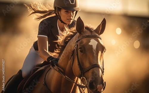 A determined professional equestrian rider while training a horse in an open arena © piai