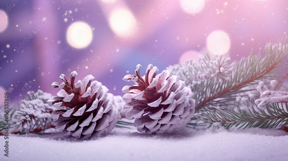  two pine cones sitting on top of a snow covered ground.  generative ai
