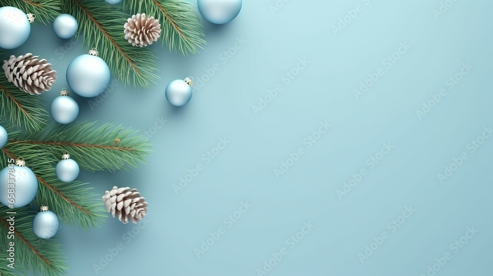 a christmas tree branch with blue ornaments on top of it. generative ai a christmas tree branch with blue ornaments on top of it. generative ai
