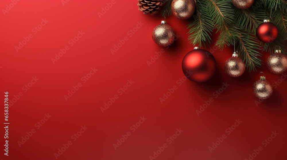 a red background with christmas ornaments and a pine tree branch. generative ai a red background with christmas ornaments and a pine tree branch. generative ai