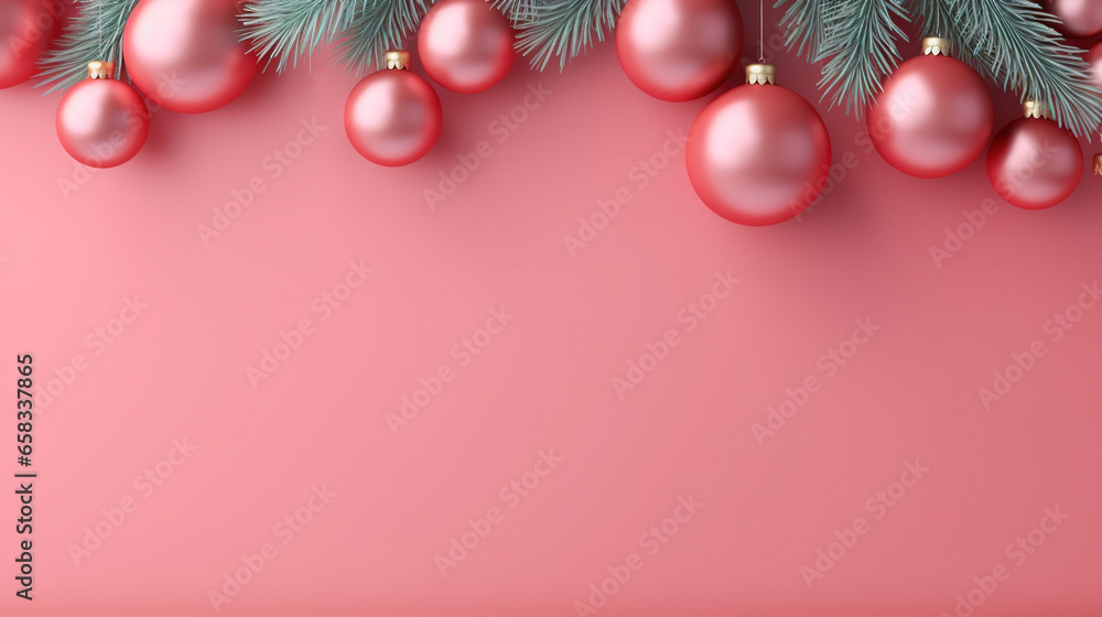 a pink background with christmas ornaments hanging from a tree branch. generative ai a pink background with christmas ornaments hanging from a tree branch. generative ai