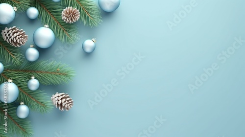  a christmas tree branch with blue ornaments on top of it.  generative ai