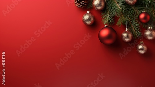  a red background with christmas ornaments and a pine tree branch.  generative ai