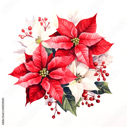  Festive watercolor painting of a poinsettia branch Christmas or holiday decorations on white background