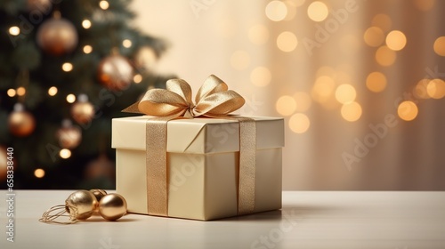 a gold wrapped present sitting next to a christmas tree with a gold bauble.  generative ai © Nadia
