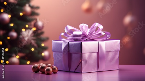  a purple gift box with a purple bow and three balls.  generative ai © Nadia