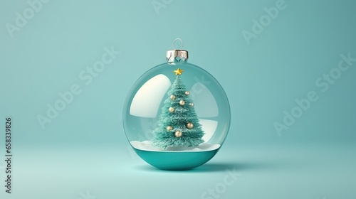  a christmas tree inside a glass ball on a blue background.  generative ai