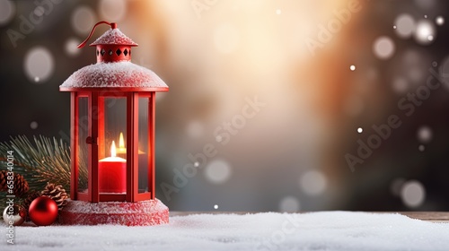  a red lantern with a lit candle on a snowy surface.  generative ai © Nadia