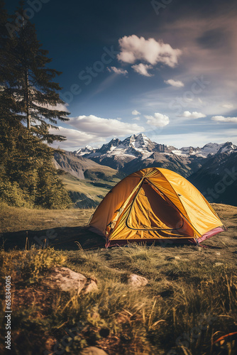 Camping tent with beautiful landscape scenery.