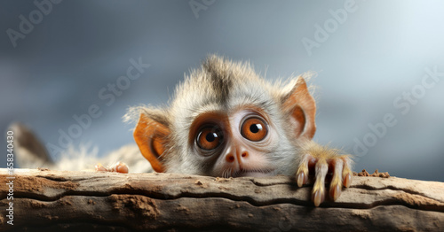 small curious monkey peeks out from behind a tree, close-up © aninna