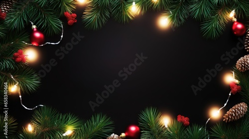  a christmas wreath with lights and pine cones on a black background. generative ai