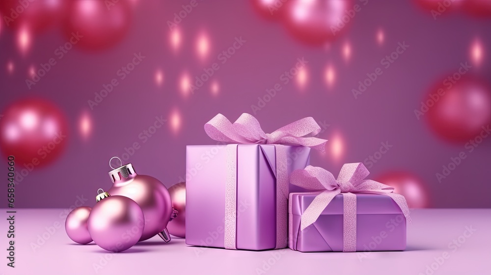 a purple box with a pink bow and two pink christmas ornaments. generative ai a purple box with a pink bow and two pink christmas ornaments. generative ai