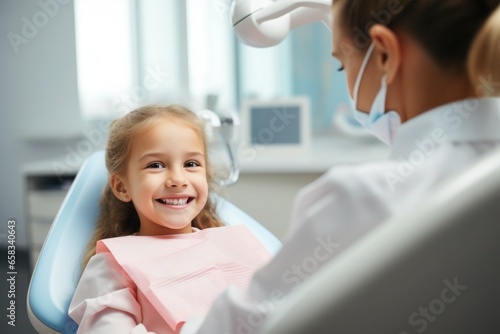 The dentist prepares the little girl for treatment. She tries to allay her fears by talking. The girl laughs.