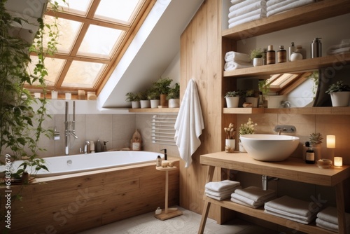 Step into a brand new wooden bathroom that exudes warmth and elegance. The wooden elements add a natural touch, creating a cozy and inviting ambiance. photo