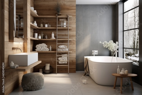 Modern luxury interior of a bathroom with a bathtub. 3D rendering 