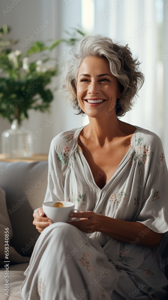 senior person sitting in sofa smile with coffee senior person sitting in sofa smile with coffee