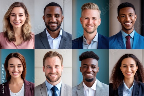 Collage of diverse business portraits showcases a tapestry of experiences and cultural richness. Each face tells a unique success story, reflecting the dynamism and multiculturalism of the business. 