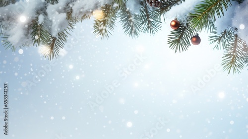  a pine tree branch covered in snow with christmas ornaments hanging from it. generative ai