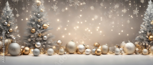 Christmas background with spruce branches decorated with Christmas baubles  snowflakes  and lights.