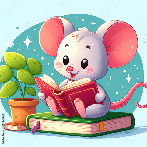 Cute little mouse reading a book, funny cartoon illustration.