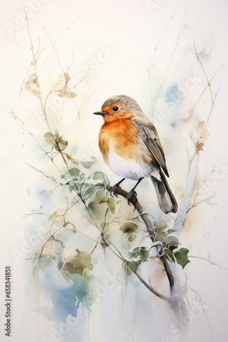 Pretty Little orange and white bird perched on a branch soft watercolor style