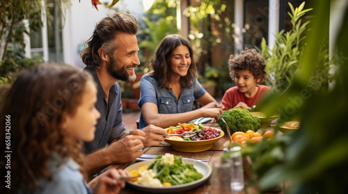 A family gathered around the dinner table, enjoying a plant-based meal together, vegans, vegetarians, with copy space photo