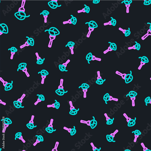 Line Vegan food diet icon isolated seamless pattern on black background. Organic, bio, eco symbol. Vegan, no meat, lactose free, healthy, fresh and nonviolent food. Vector