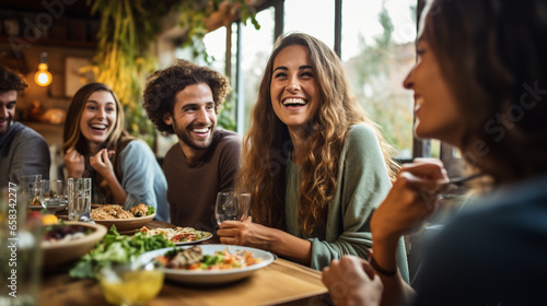 A group of friends celebrating a special occasion with a vegan feast and laughter, vegans, vegetarians, with copy space photo