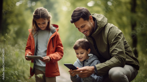 A family using augmented reality (AR) apps to enhance their outdoor adventures and exploration, digital native, Gen Alpha photo