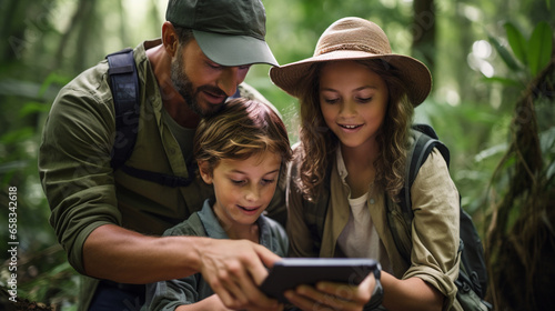 A family using augmented reality (AR) apps to enhance their outdoor adventures and exploration, digital native, Gen Alpha photo