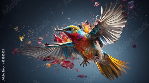  a colorful bird flying through the air with its wings spread.  generative ai © Nadia