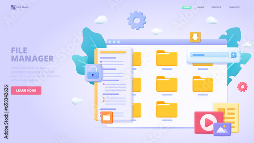 File manager, electronic document storage, document synchronisation, collecting and organisation. 3d design concept for landing page. Three dimensional illustration for website, print, banner