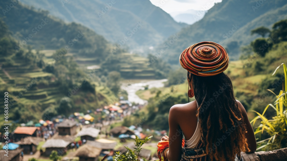 A scenic view of a traveler enjoying a sustainable and culturally enriching festival or event, Sustainable travel