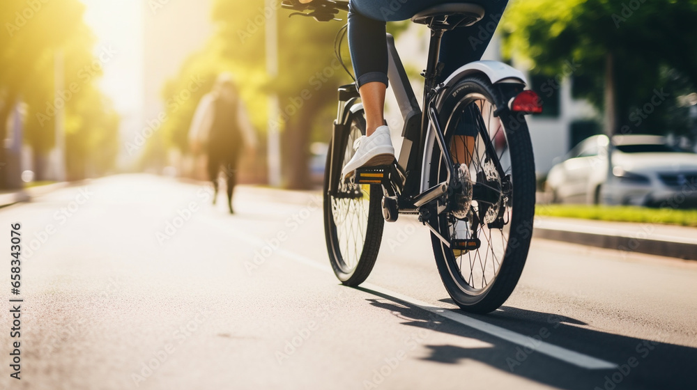 A person zipping through a dedicated bike lane on a stylish electric bicycle, Mini mobility, with copy space