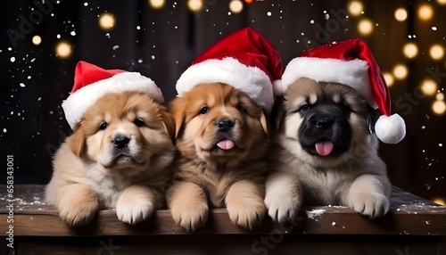 Cute image of puppies dressed as Santa Claus with a background of snowflakes  © Pilar Arias Grení