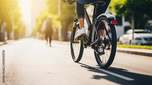 Fotografie, Obraz A person zipping through a dedicated bike lane on a stylish electric bicycle, Mi
