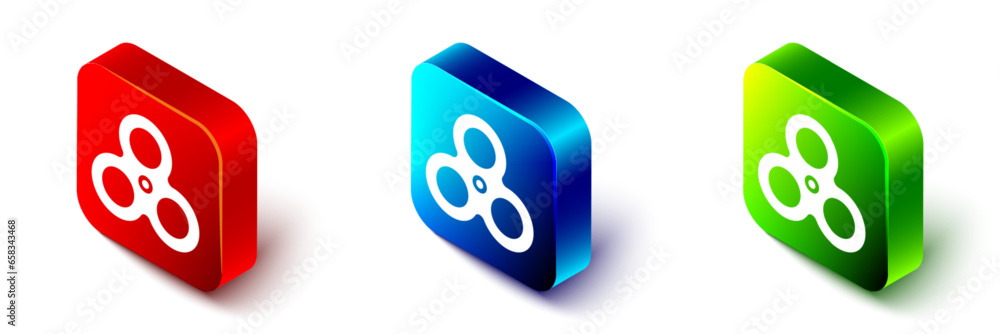 Isometric Fidget spinner icon isolated on white background. Stress relieving toy. Trendy hand spinner. Red, blue and green square button. Vector Isometric Fidget spinner icon isolated on white background. Stress relieving toy. Trendy hand spinner. Red, blue and green square button. Vector