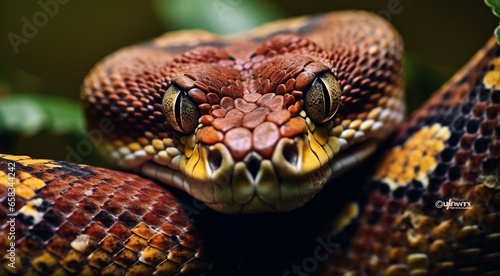 close-up of snnake, snake in wild nature, snake in the forest, close-up of wild snake, snake looking forward © Gegham