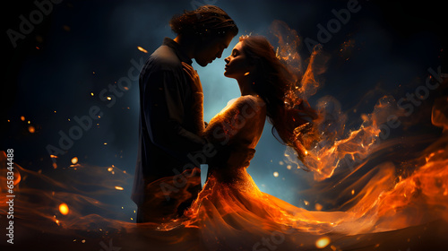 Love and passion, a couple in an embrace. The elements of fire and water