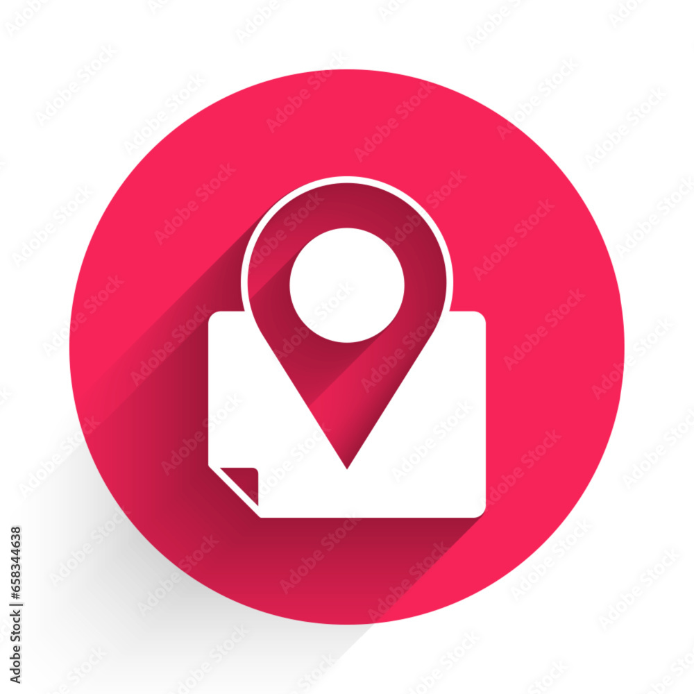 White Folded map with location marker icon isolated with long shadow background. Red circle button. Vector White Folded map with location marker icon isolated with long shadow background. Red circle button. Vector