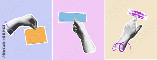 Collage of vector hands gestures with notes empty space for text in vintage halftone style on colored background