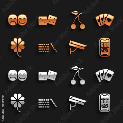 Set Casino chips, Deck of playing cards, poker tournament invitation, Security camera, slot machine with clover, cherry, Poker player and Game dice icon. Vector