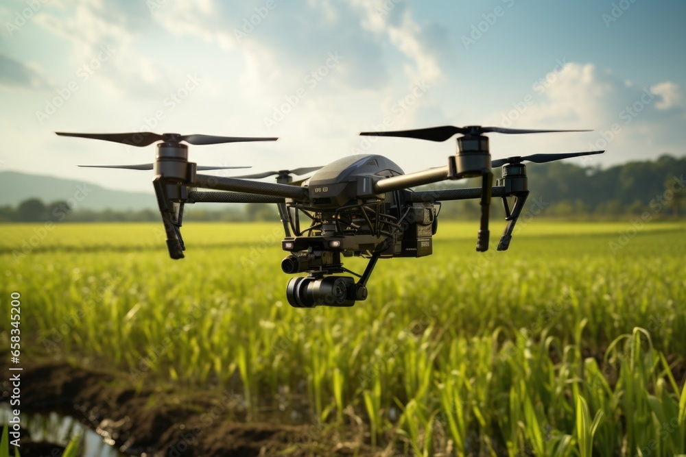 A black drone is captured in flight over a lush field of green grass. This image can be used to depict modern technology and agriculture or to illustrate aerial surveillance and monitoring. A black drone is captured in flight over a lush field of green grass. This image can be used to depict modern technology and agriculture or to illustrate aerial surveillance and monitoring.