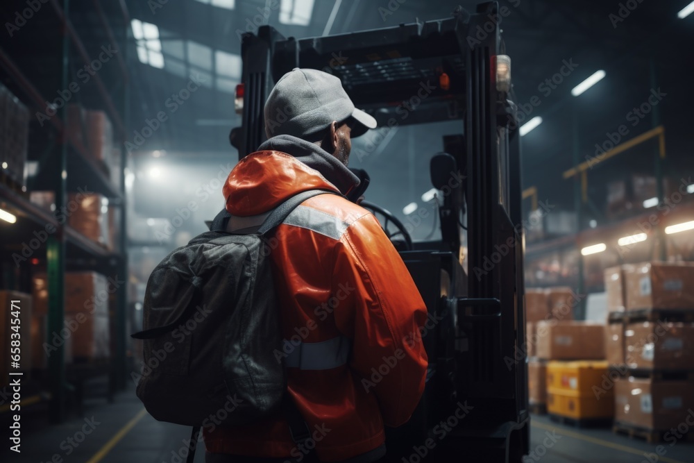 A man in an orange jacket is operating a forklift. This image can be used to illustrate warehouse operations or industrial work.