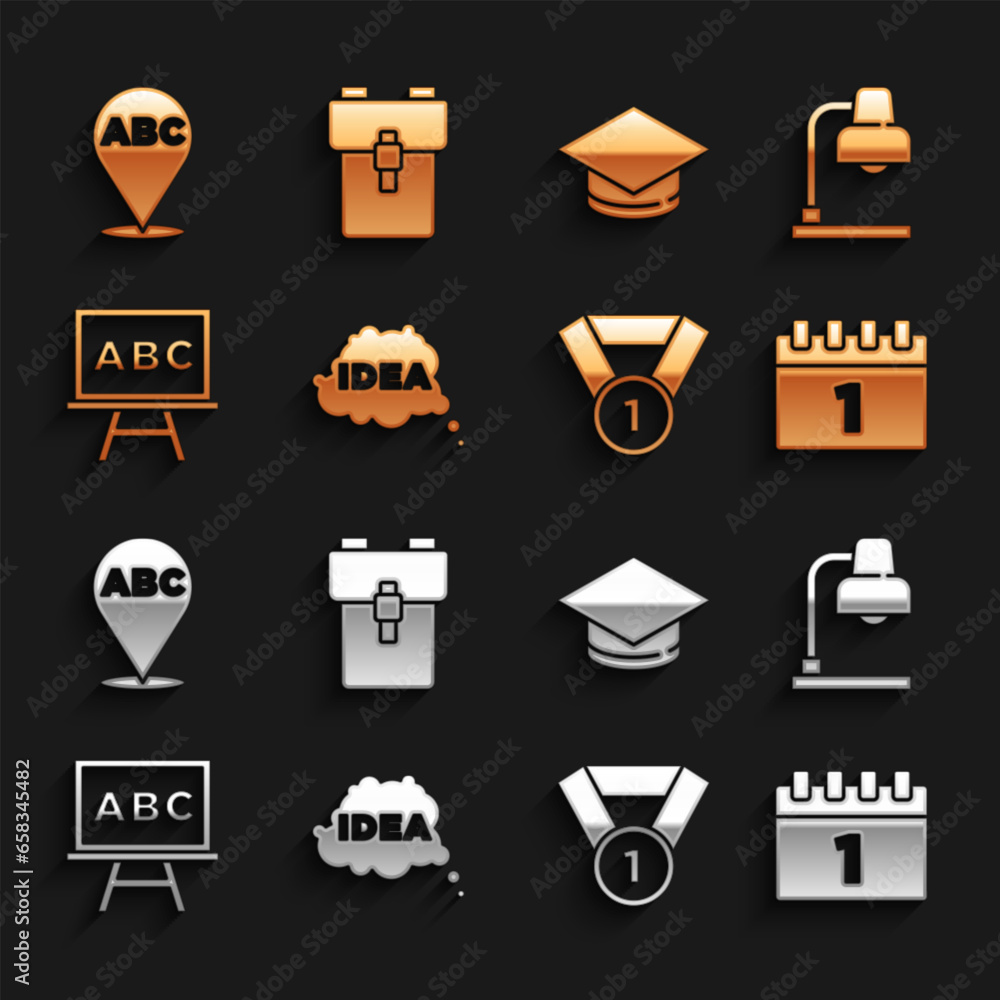 Set Idea, speech bubble, Table lamp, Calendar first september date, Medal, Chalkboard, Graduation cap, Alphabet and School backpack icon. Vector Set Idea, speech bubble, Table lamp, Calendar first september date, Medal, Chalkboard, Graduation cap, Alphabet and School backpack icon. Vector
