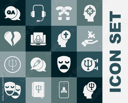Set Psychology, Psi, Solution to the problem, Question mark, Psychologist online, Broken heart or divorce, and Answer and Man graves funeral sorrow icon. Vector